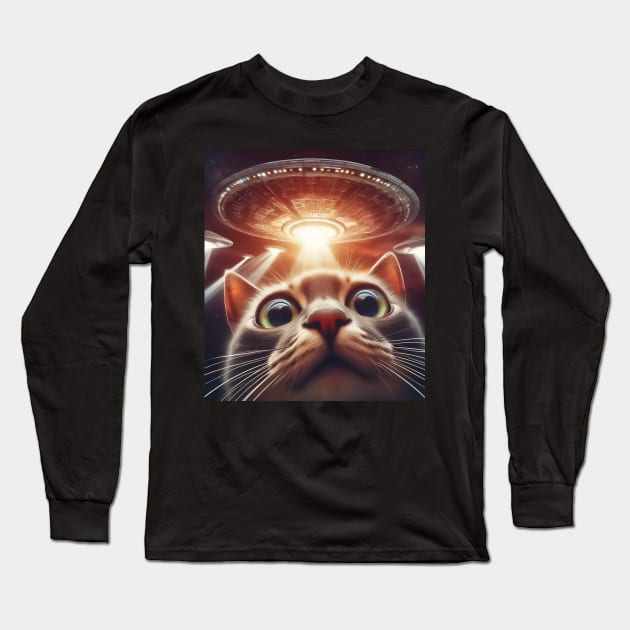 Cat selfie with UFO Long Sleeve T-Shirt by TomFrontierArt